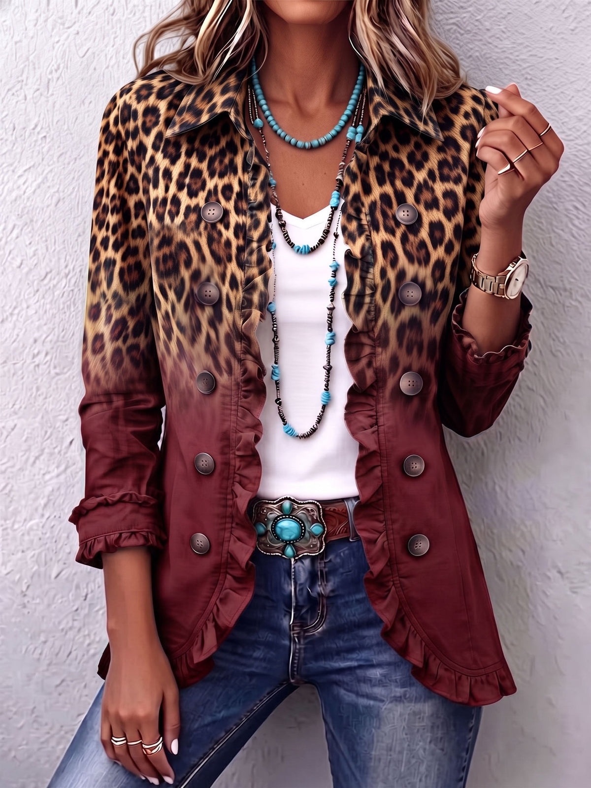 Elizabeth | Chaqueta blazer con volantes y efecto degradado de leopardo