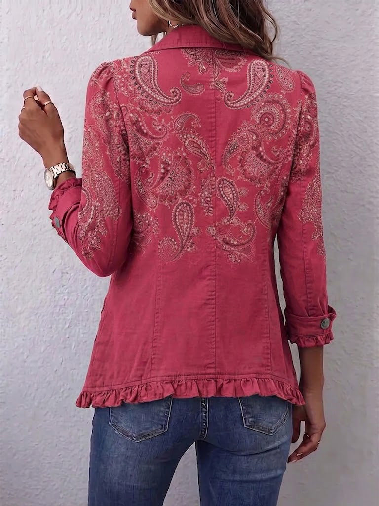 Anabel | Chaqueta de cachemira rosa estampada con volantes