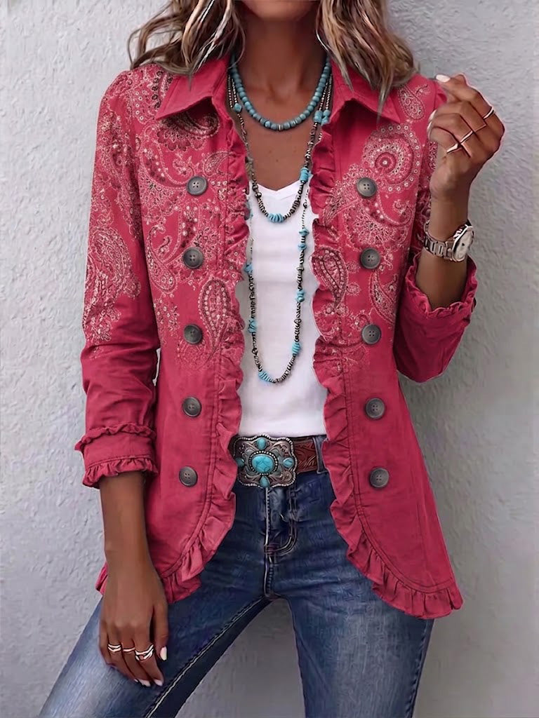 Anabel | Chaqueta de cachemira rosa estampada con volantes