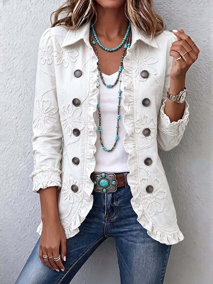 Corina | Chaqueta bordada en color marfil con volantes