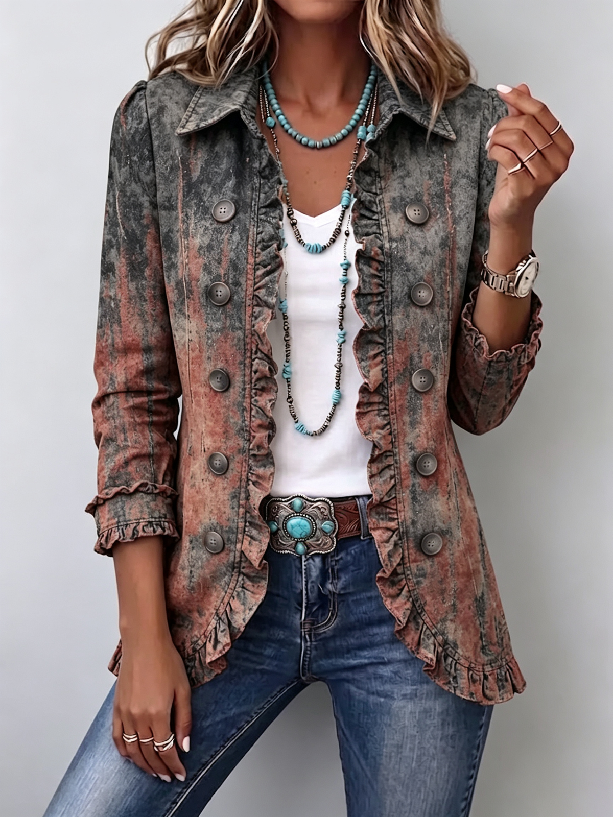 Brichi | Chaqueta con volantes y estampado vintage con textura y degradado