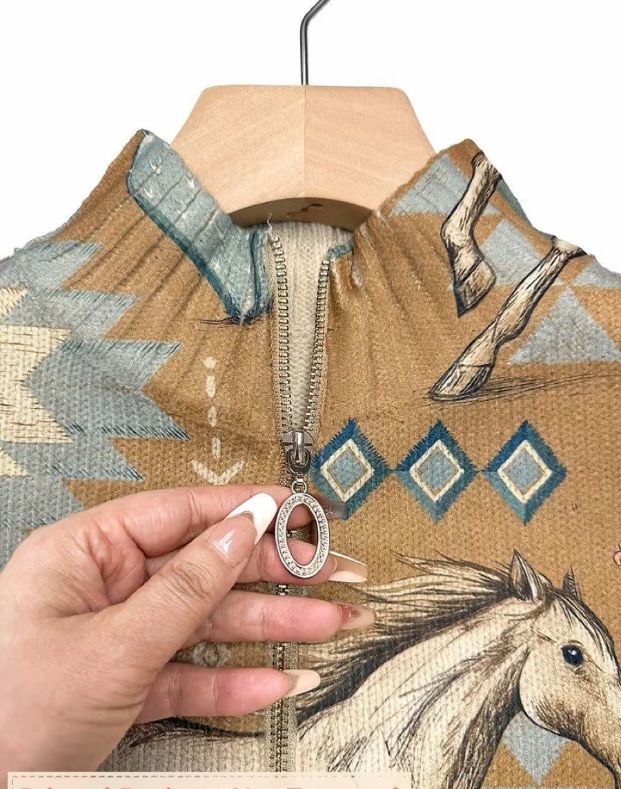 Felipa | Cárdigan con cremallera caballo desértico y cactus