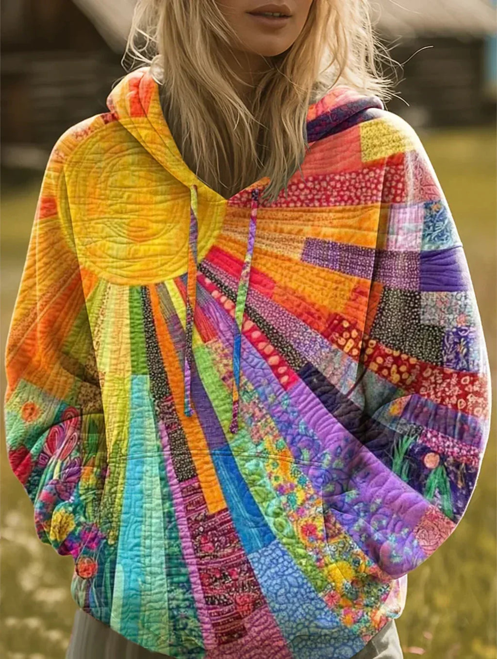 Daniela | Sudadera con capucha de estilo bohemio con diseño multicolor de retazos