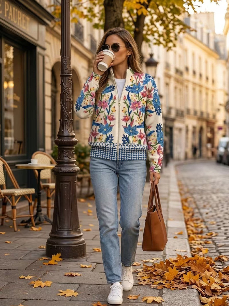 Tania | Cárdigan con cremallera y estampado floral estampado botánico
