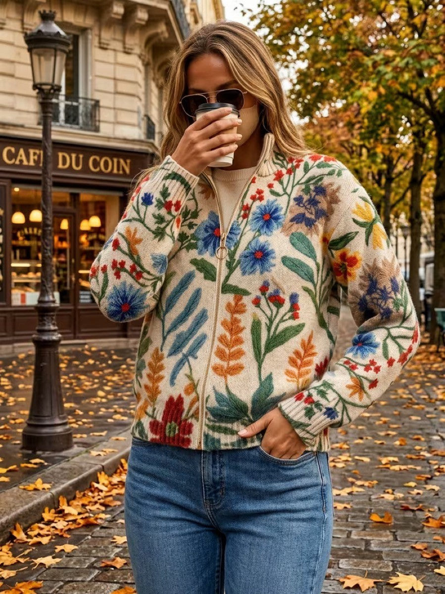 Tania | Cárdigan con cremallera y estampado floral estampado botánico