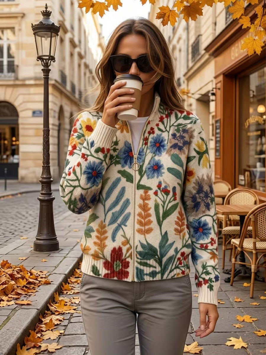 Tania | Cárdigan con cremallera y estampado floral estampado botánico