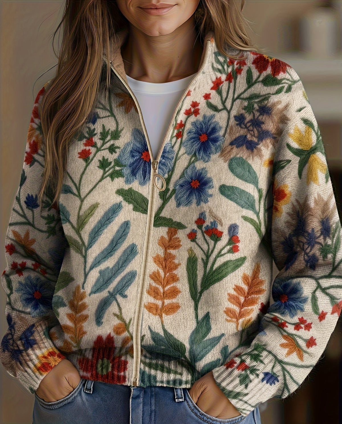 Tania | Cárdigan con cremallera y estampado floral estampado botánico
