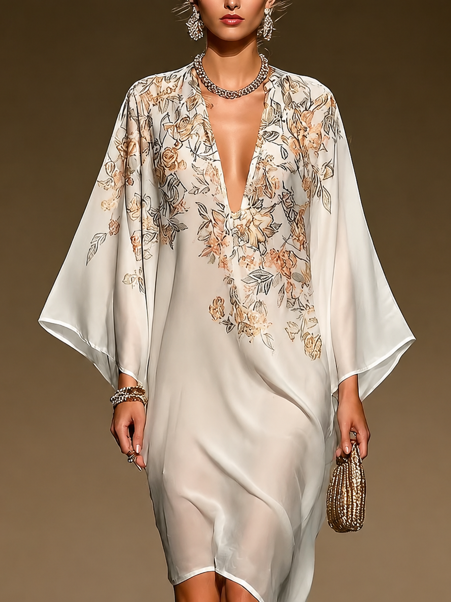 Vestido caftán de gasa beige con estampado floral, escote en V profundo, mangas murciélago, bajo asimétrico, vestido midi fluido