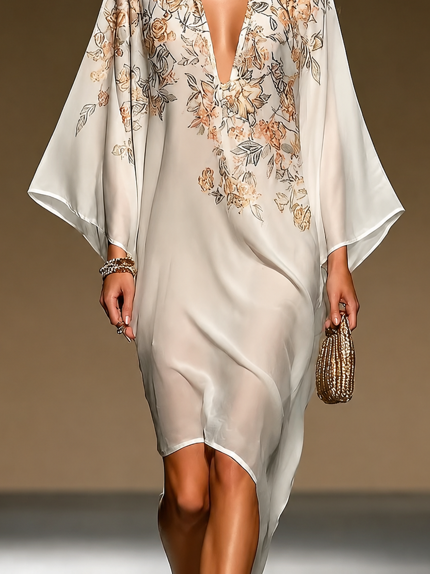 Vestido caftán de gasa beige con estampado floral, escote en V profundo, mangas murciélago, bajo asimétrico, vestido midi fluido