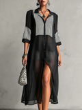 Vestido largo de gasa negra transparente, vestido midi con botones y mangas 3/4 a rayas blancas y negras