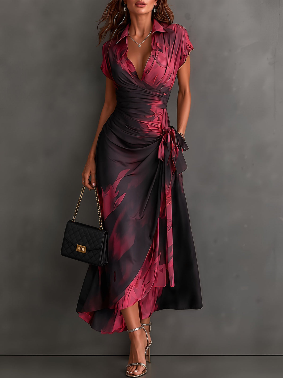 Vestido midi cruzado con estampado abstracto en rojo y negro, cuello en V, manga corta, cintura para atar y bajo asimétrico con volantes