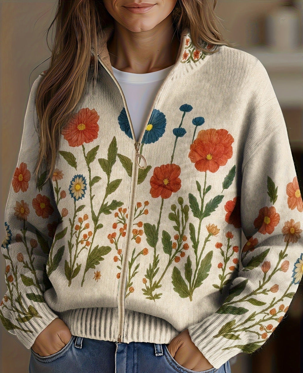 Carla | Cárdigan con parados de flores silvestres y cremallera