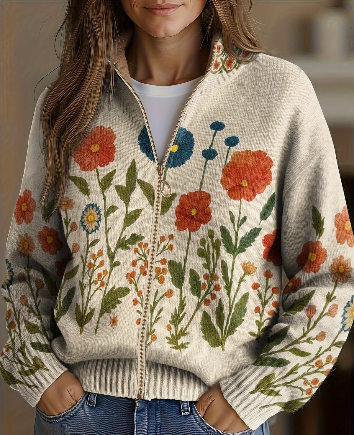 Carla | Cárdigan con parados de flores silvestres y cremallera