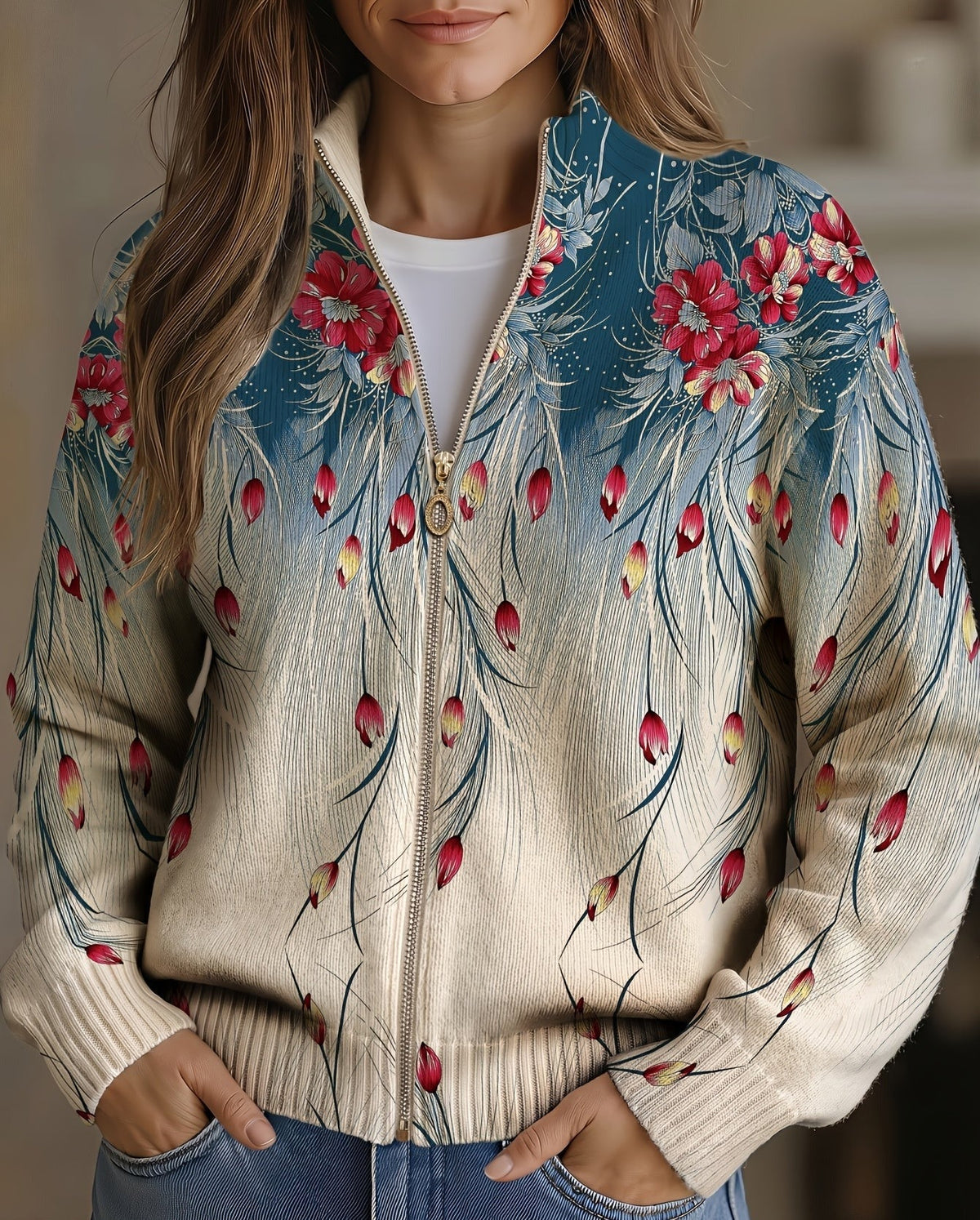 Zara | Estampado floral con degradado de plumas de pavo real